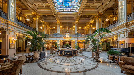 A grand hotel lobby with marble floors and a towering glass chandelier
