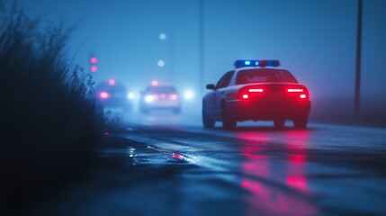 Fototapeta premium Police cars driving down dark street. Police chasing cars at night. A police officer rushes a scene of a crime. Law enforcement vehicles cruising along a lifestyle dimly lit road.