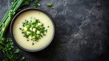 Creamy Leek and Potato Soup in a Brown Bowl