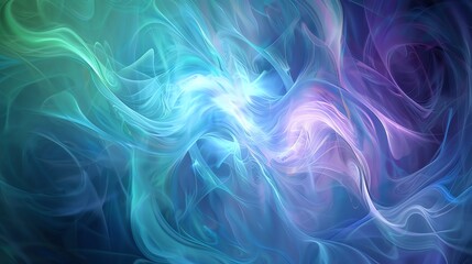 Abstract digital art featuring swirling, translucent blue, green, and purple shapes creating a dreamy and ethereal effect.