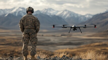 Naklejka premium A soldier operates a drone for reconnaissance tasks