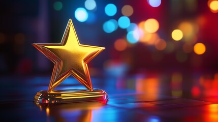 Golden star award on a red carpet. A star of award success is a background illustration. Celebrity shines in the spotlight on celebrity. Gold star accolade on a crimson lifestyle carpet.