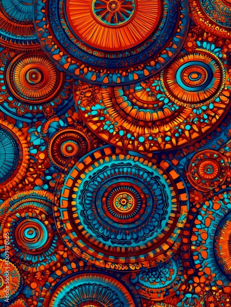 Poster vivid concentric patterns with intricate details and bold color play