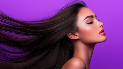 Beautiful brunette girl with long hair blowing in the wind isolated on a purple background