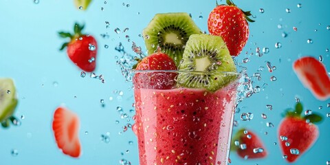 Floating smoothie with strawberry and kiwi on an electric blue background