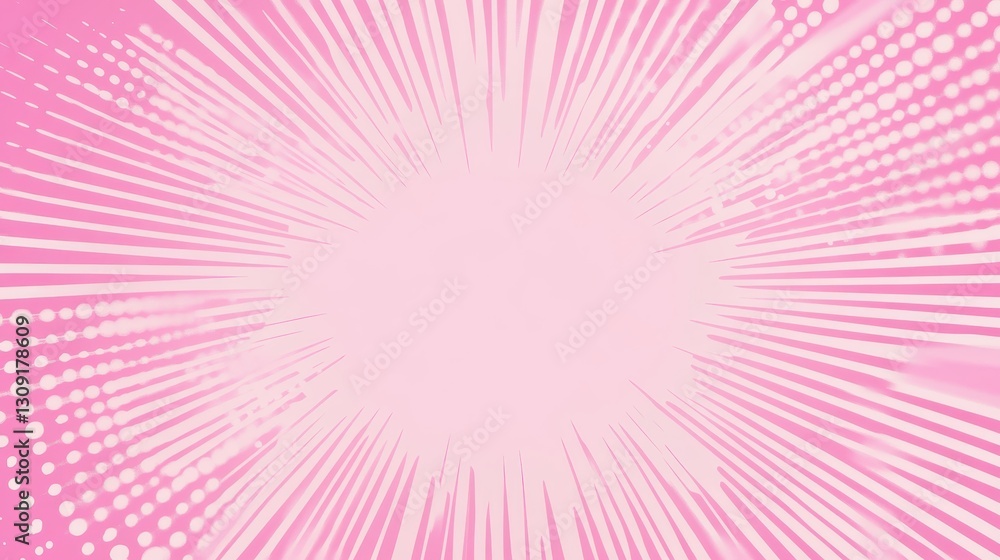 Poster vibrant pink radial speed lines and halftone dots converging toward central point, generating dynami