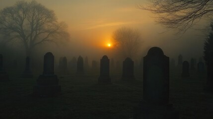 Misty graveyard at sunrise with silhouettes of tombstones and trees in the background