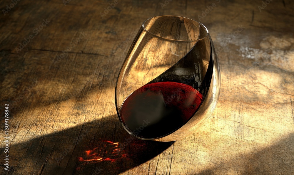 Poster elegant wine glass with deep red wine resting on a rustic wooden table, softly illuminated to enhanc