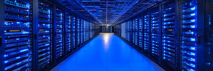 a rack of servers with blinking LED lights - symbolizing data transfer in a secure data center wide banner - blue background