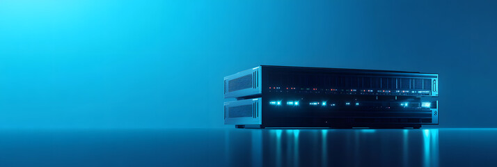 a rack of servers with blinking LED lights - symbolizing data transfer in a secure data center wide banner - blue background