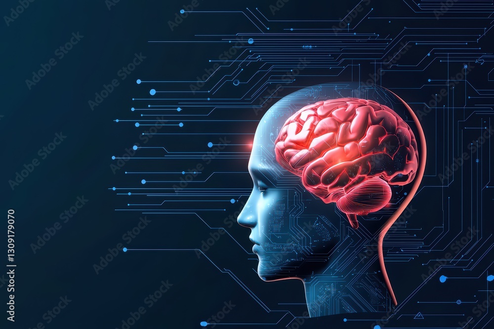 Poster abstract representation of ai technology with brain and data flow background in digital art