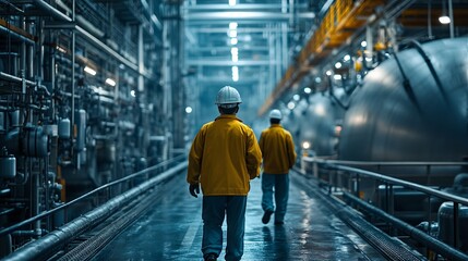 Employees walking along the industrial hallways inside a nuclear reactor facility
