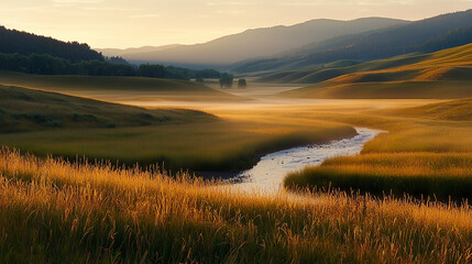 A serene morning in a misty valley with golden sunlight