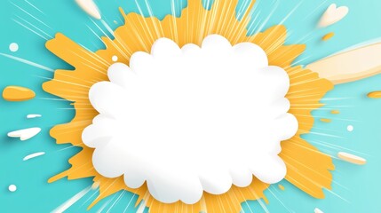 Luminous white speech bubble erupting from dynamic orange liquid splash, projecting bright light beams across turquoise surface, generating energetic visual impact