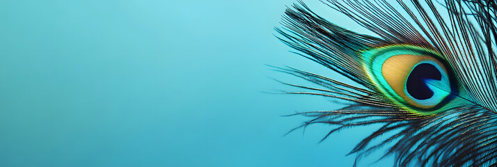 Obraz premium Macro image of a peacock feather - displaying a vibrant - natural texture wide banner - blue background