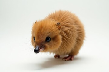 Fuzzy brown kiwi in freefall against pure white, juicy, photography