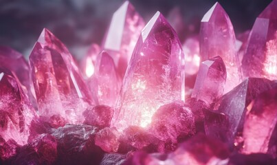 Fototapeta premium Glowing crystal pink quartz formations with reflective surfaces, illuminated by radiant light, creating a mystical and captivating look,