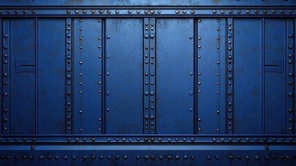 A smooth dark blue metallic background with layered steel elements and symmetrical reflections.