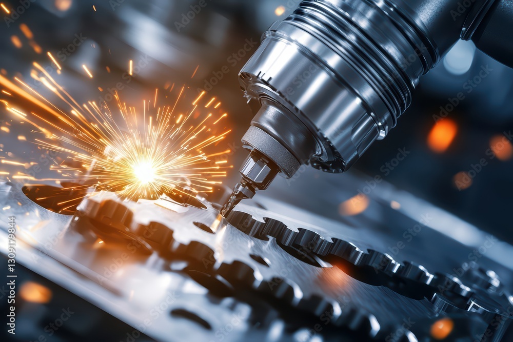 Poster advanced ai-powered robotic arm assembling precision machined parts in high-tech environment