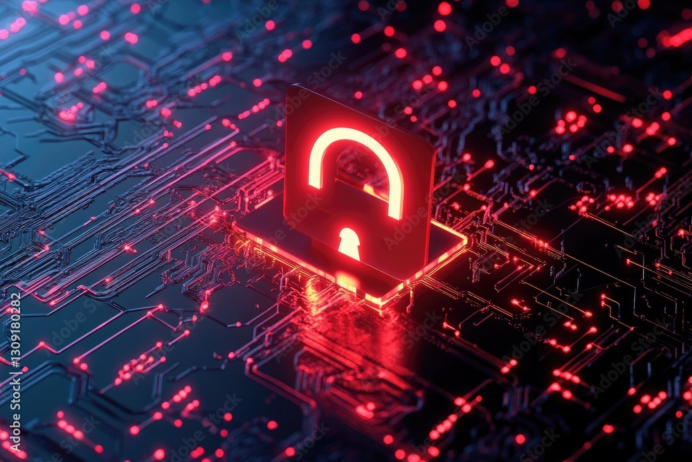 Poster cybersecurity digital lock glowing red on circuit board illustrating data protection and network sec