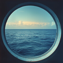 Fototapeta premium Breathtaking view of a serene sunset over the ocean through a round ship window