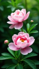 Obraz premium Soft pink peony blossoms, lush green foliage background, nature, garden, pink