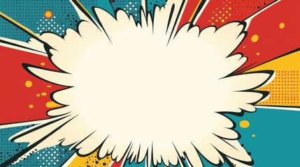 Naklejka premium Vintage comic panel featuring empty speech bubble against vibrant halftone backdrop, radiating dynamic graphic design for narrative visual communication