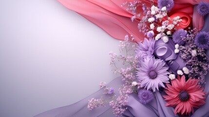Vibrant arrangement of pink and purple flowers on soft fabric background, creating an elegant and colorful display.
