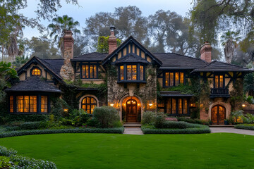 Grand Stone House With Ivy And Evening Lights