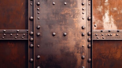 Fototapeta premium A structured brown industrial metal wall with embossed steel textures and rivets.
