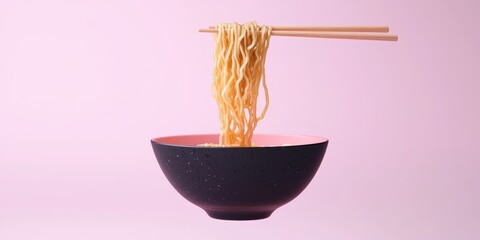 Floating bowl of ramen with chopsticks lifting noodles on a pastel lavender background