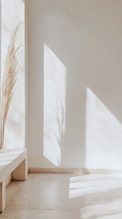 A white room with a bench and a plant