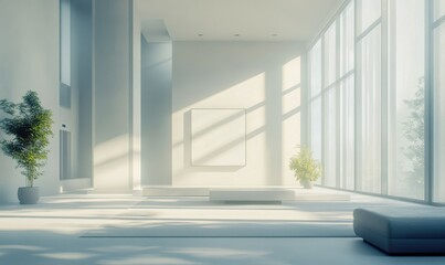 Fototapeta premium Scenic modern living room with minimalist decor and natural light streaming through large windows creating a stylish and serene space