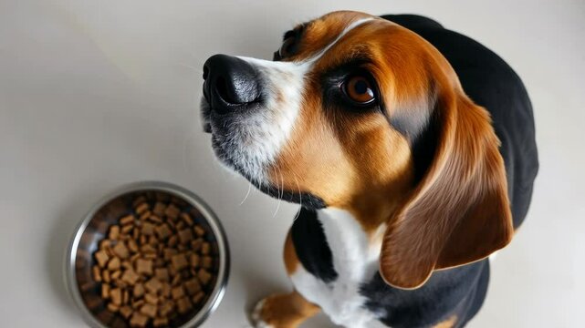 A beagle sits calmly on the floor, gazing expectantly at its bowl of dry food in a well-lit indoor environment