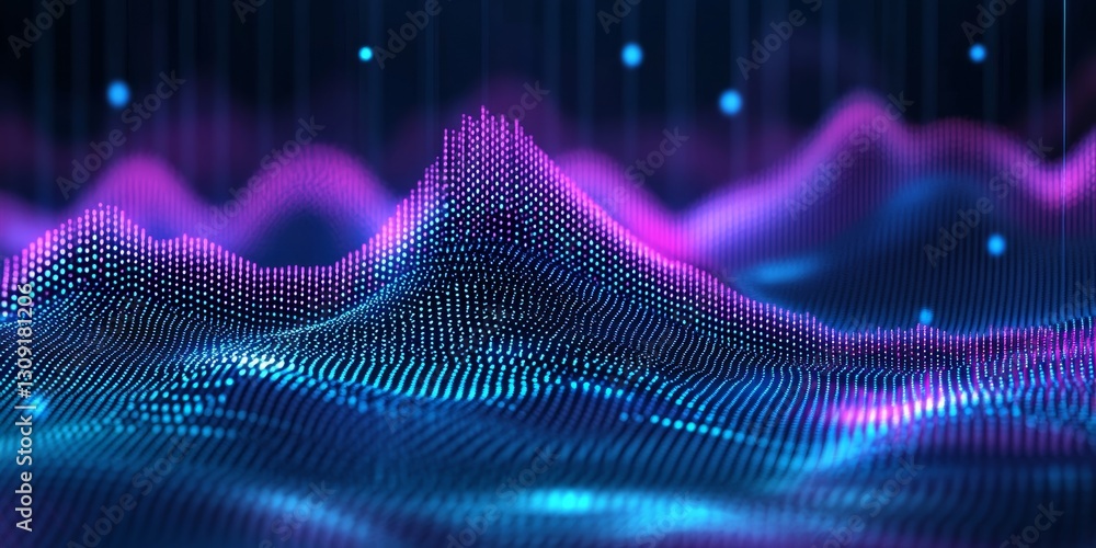 Poster neon wave abstract digital landscape of glowing particles, futuristic data visualization