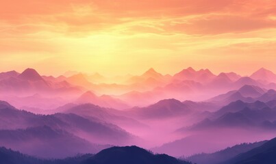Scenic mountain view at sunrise with layers of golden and pink hues in the sky, soft mist adding depth and tranquility to the scene