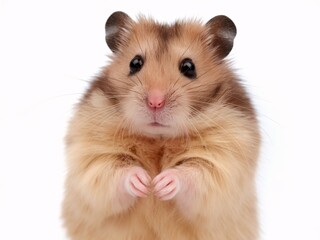 Obraz premium A cute small hamster with fluffy fur, posing with tiny paws held together against a white background.