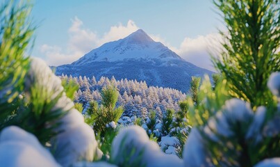 Fototapeta premium Scenic snowy mountain illuminated by soft morning sunlight, with vibrant green pine trees framing the majestic winter landscape