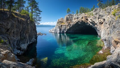 Naklejka premium Stunning Crystal-Clear Cave Lake Panoramic View of Rocky Coastline and Azure Waters