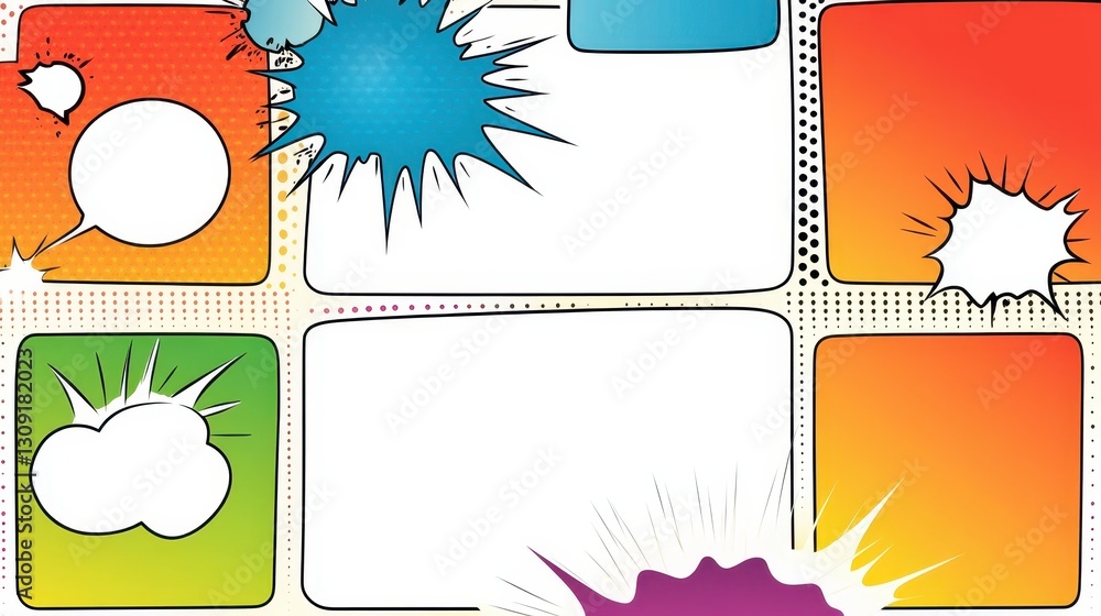Poster colorful comic book page displaying blank speech bubbles in different geometric forms, creating inte