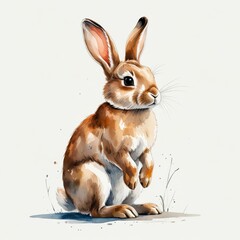 Fototapeta premium brown rabbit standing on hind legs, watercolor illustration on white background