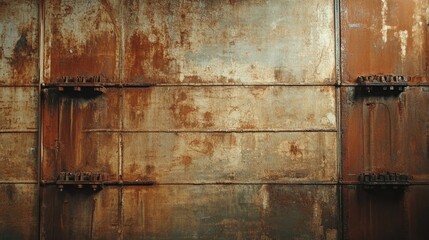 A textured brown industrial wall with rusted metal panels and deep grooves.