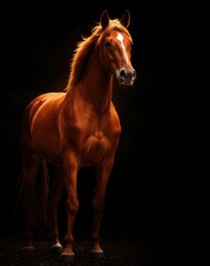 Obraz premium A hyperrealistic fiery horse against a black background, with the lighting effects.