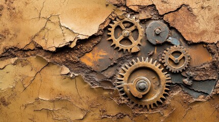 Fototapeta premium A textured brown industrial workshop with deep metallic engravings and layered steel plates.