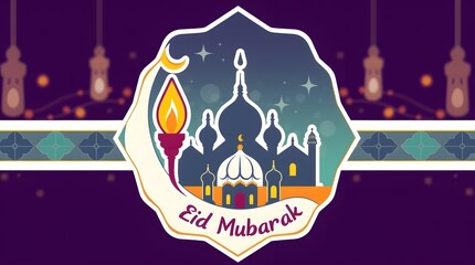 Eid mubarak islamic design hanging ramadan candle lantern and mosque, Abstract background animation religious Asian Muslim festival celebration