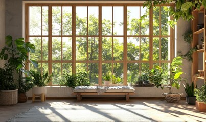 Bright, plant-filled room with large windows and wooden decor.