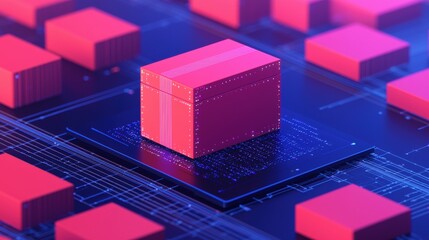 A vibrant digital representation featuring a central pink cube amid numerous smaller cubes on a complex circuit board.