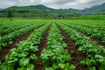 Obraz premium A vast green farmland with rows of cultivated crops leading to a scenic mountain range under an overcast sky