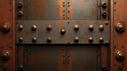 A vibrant brown metallic industrial wall with intricate engravings and deep shadows.