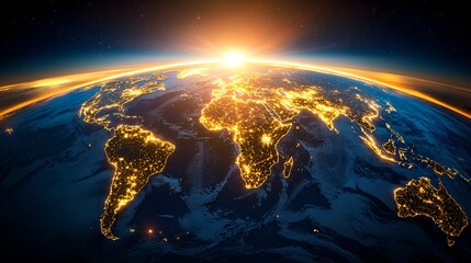 Earth at night, city lights, sunrise, from space. Possible use stock photo